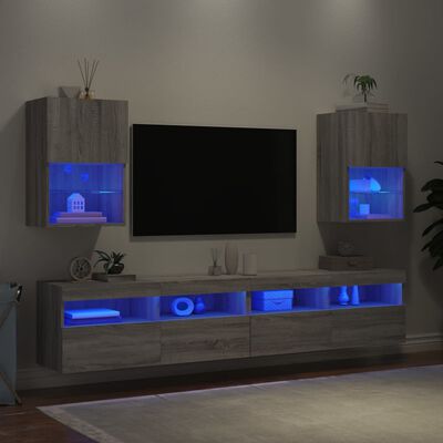 vidaXL ТВ шкафове с LED осветление, 2 бр, сив сонома, 40,5x30x60 см