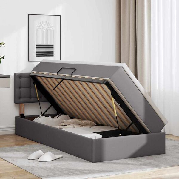 vidaXL Легло с място за съхранение и LED Сив 90 x 200 cm Изкуствена