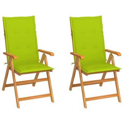 vidaXL Градински столове, 2 бр, яркозелени възглавници, тик масив