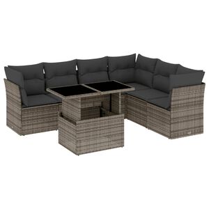 vidaXL Градински диван с възглавници, 7 части, полиратан, сив