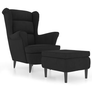 vidaXL Фотьойл Wingback с табуретка, черен, кадифе