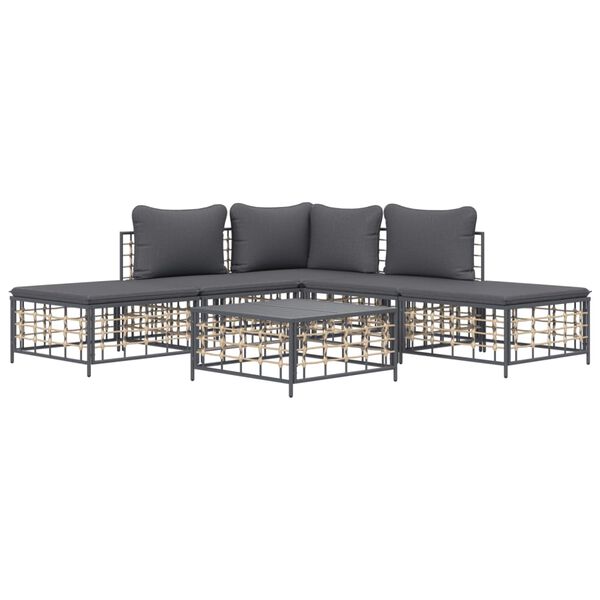 vidaXL Градински комплект с възглавници 6 части антрацит полиратан