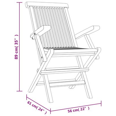 vidaXL Сгъваеми градински столове, 2 бр, сиви, 56x61x89 см, тик масив