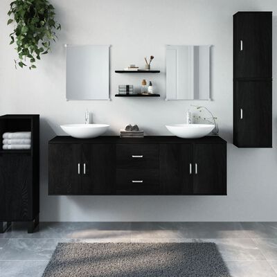 vidaXL Комплект мебели за баня от 7 части, черен, инженерно дърво