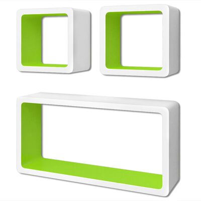 Стенни рафтове за съхранение на книги / DVD, МДФ, 3 бр, бяло-зелено