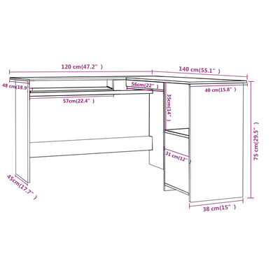 vidaXL Г-образно ъглово бюро, черно, 120x140x75 см, ПДЧ