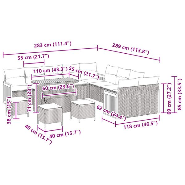 vidaXL Градински Софа Комплект с възглавница 18 pcs Черно полиратан