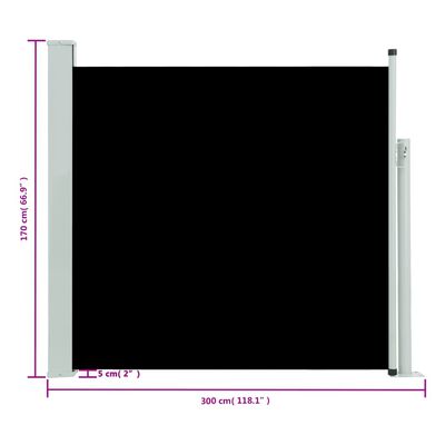 vidaXL Прибираща се дворна странична тента, 170x300 см, черна