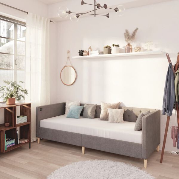 vidaXL Дневно легло с матрак, USB, светлосиво, текстил, 90x200 см