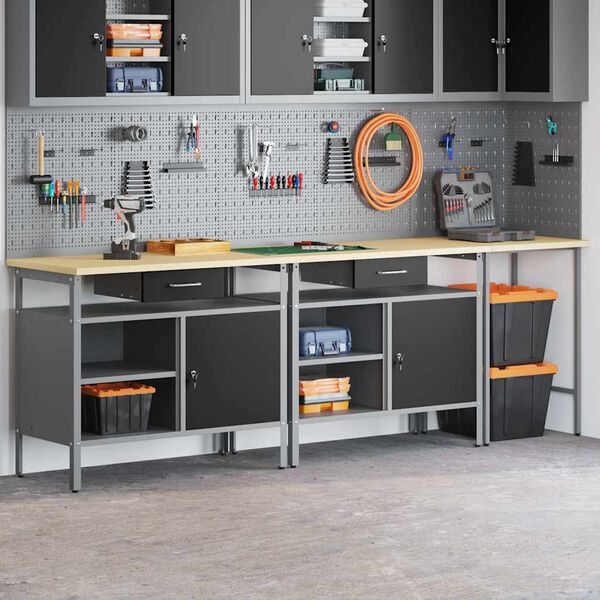 vidaXL Комплект работна маса 3 pcs Червено 255 x 55 x 85 см Стомана