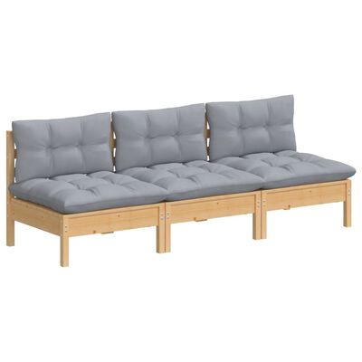 vidaXL 3-местен градински диван със сиви възглавници, бор масив