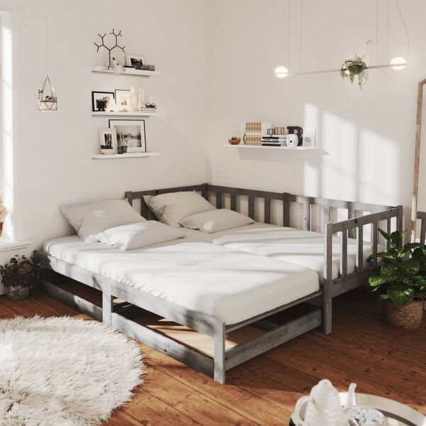 vidaXL Разтегателно дневно легло 2x(90x200) см сиво борово дърво масив