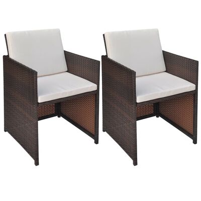 vidaXL Градински столове с възглавници, 2 бр, полиратан, кафяви