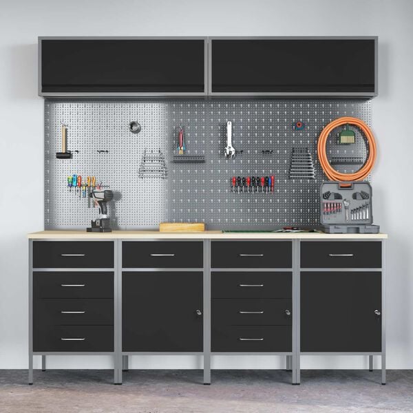 vidaXL Комплект работни шкафове с чекмедже със съхранение 10 pcs Черно
