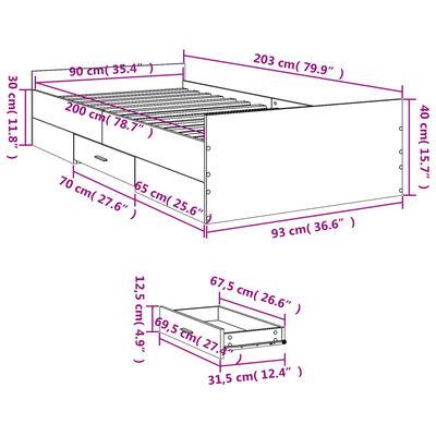 vidaXL Рамка за легло с чекмеджета, черна, 90x200 см, инженерно дърво