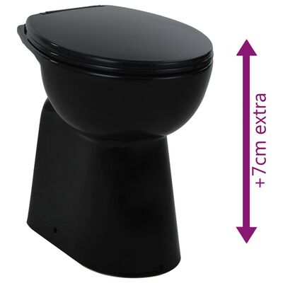 vidaXL Висока тоалетна без ръб плавно затваряне +7 см керамика черна