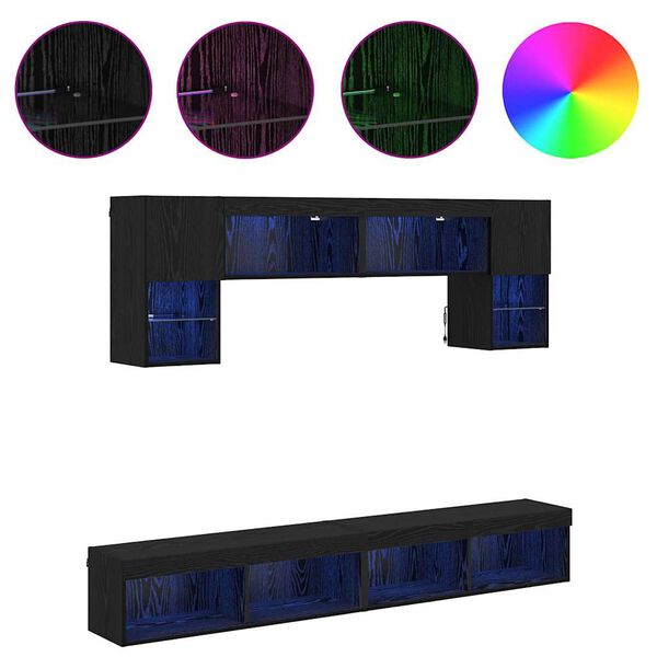 vidaXL ТВ стенни единици с LED 6 pcs Черния дъб Инженерно дърво