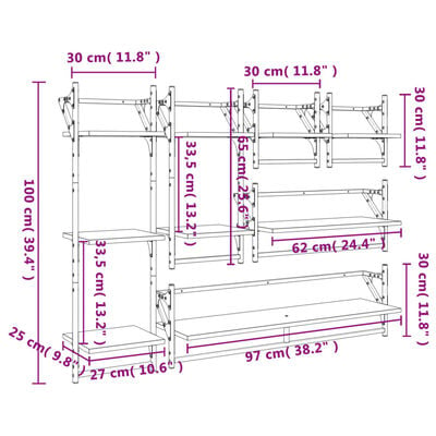 vidaXL Комплект рафтове за стена 6 части сив сонома инженерно дърво