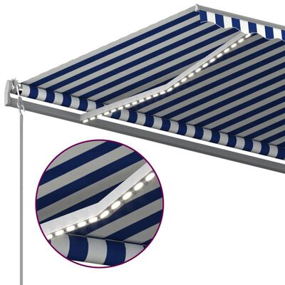 vidaXL Ръчно прибиращ се сенник с LED, 6x3 м, синьо и бяло