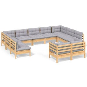 vidaXL Градински комплект със сиви възглавници, 11 части, бор масив