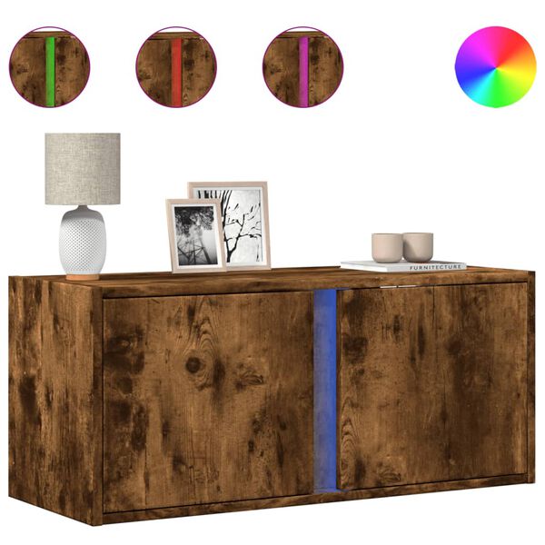 vidaXL Стенен ТВ шкаф с LED осветление, опушен дъб, 80x31x35 см