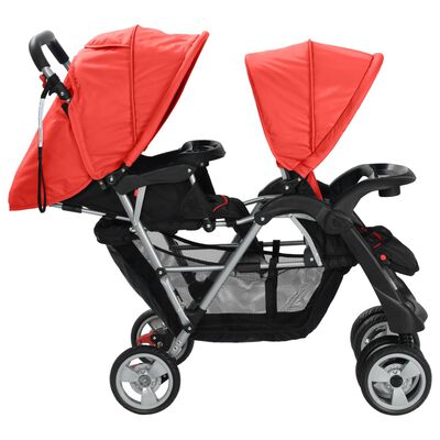 vidaXL Тандемна количка, стомана, червено и черно