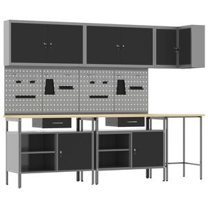 vidaXL Комплект работни шкафове с чекмедже с рафт 10 pcs Черен и Сив