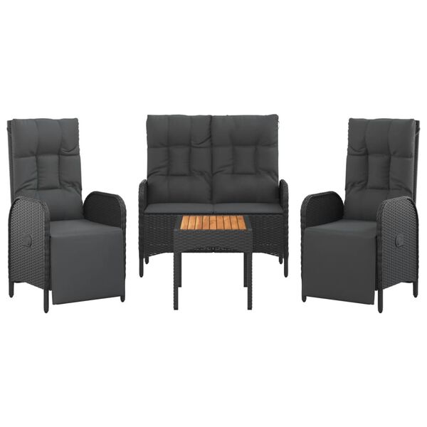 vidaXL Градински трапезен комплект възглавници 4 части черен полиратан