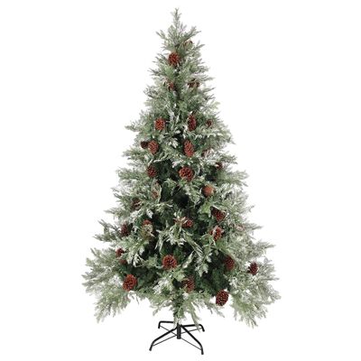 vidaXL Коледна елха с шишарки, зелено и бяло, 195 см, PVC и PE