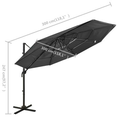 vidaXL Градински чадър на 4 нива с алуминиев прът, антрацит, 3x3 м