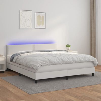 vidaXL Боксспринг легло с матрак и LED бяло 180x200 см изкуствена кожа