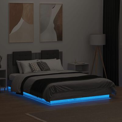 vidaXL Рамка за легло с табла и LED осветление, сив сонома, 140x190 см