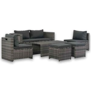 vidaXL Градински комплект с възглавници, 6 части, сив полиратан