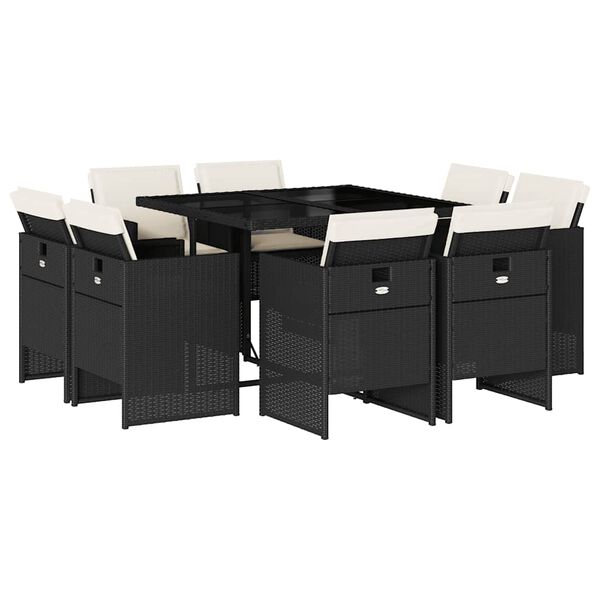 vidaXL Градински трапезен комплект възглавници 9 части черен полиратан