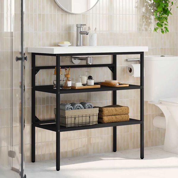 vidaXL Рамка за мивка за баня, черна, 79x38x83 см, желязо