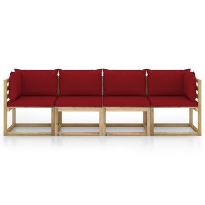 vidaXL 4-местен градински диван с виненочервени възглавници