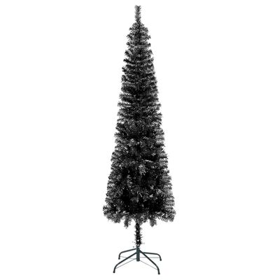 vidaXL Тънка изкуствена осветена коледна елха с топки, черна, 210 см