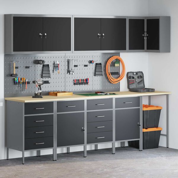 vidaXL Комплект работни шкафове с чекмедже с рафт 12 pcs Черен и Сив