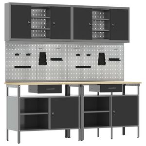 vidaXL Комплект работна маса с чекмедже с рафт 8 pcs Червен и сив