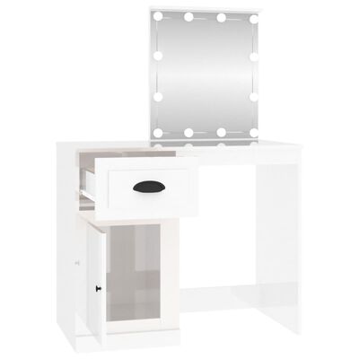 vidaXL Тоалетка с LED, бял гланц, 90x50x132,5 см, инженерно дърво