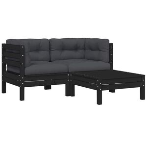 vidaXL Градински комплект от 3 части, с възглавници, черен, бор масив