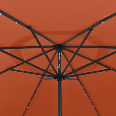 vidaXL Градински чадър с LED лампички и метален прът, 400 см, теракота