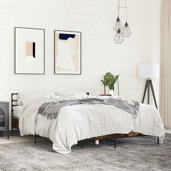 vidaXL Рамка за легло, опушен дъб, 150x200 см, инженерно дърво и метал