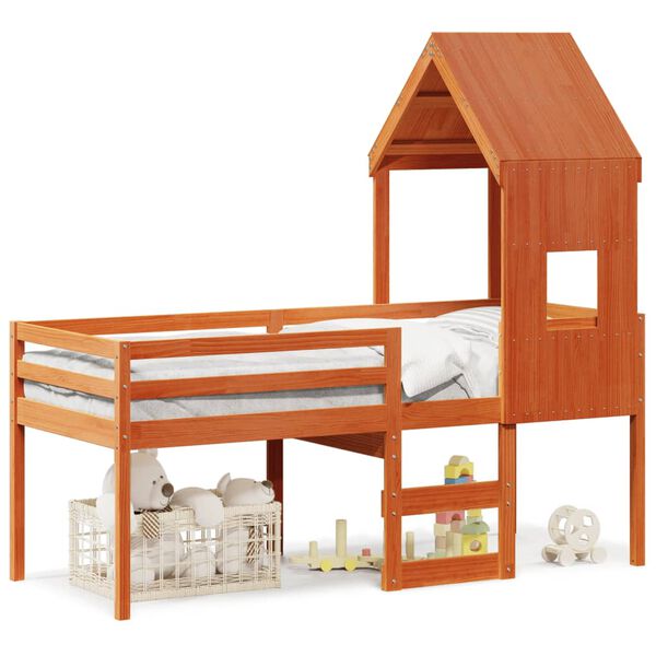 vidaXL Високо легло с покрив восъчнокафяв 80x200 см борово дърво масив