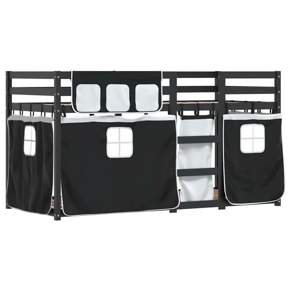 vidaXL Двуетажно легло със завеси, бяло и черно, 90x190 см, бор масив