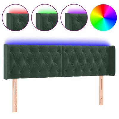 vidaXL LED горна табла за легло, тъмнозелена, 163x16x78/88 см, кадифе
