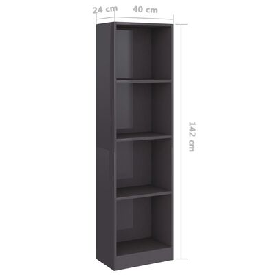 vidaXL 4-етажна библиотека, сив гланц, 40x24x142 см, ПДЧ