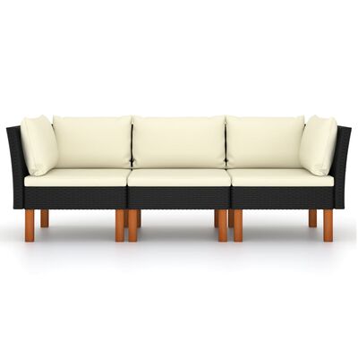 vidaXL 3-местен градински диван с възглавници, черен полиратан