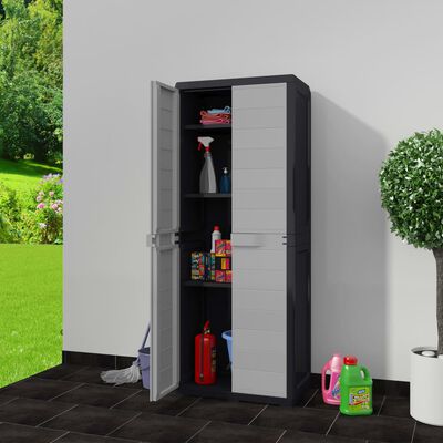 vidaXL Градински шкаф за съхранение с 3 рафта, черно и сиво