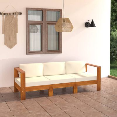 vidaXL 3-местен градински диван с кремавобели възглавници акация масив